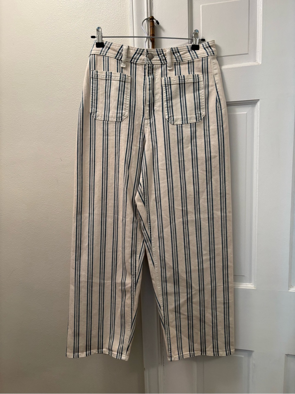 Women's Funky Striped Wide Leg Jeans - Cream with Navy Stripes 
Size 8